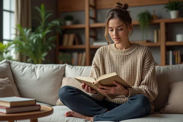 Femme lisant un livre sur un canapé dans un salon cosy aux poutres apparentes, reflet de la vie intime et quotidienne