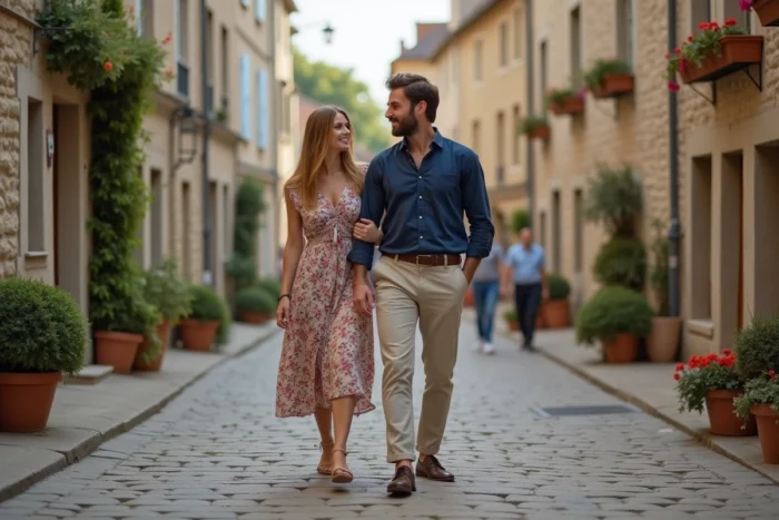 Couple complice se promenant dans un village français pavé, illustrant la vie de couple d'Alicia Dauby et son mari