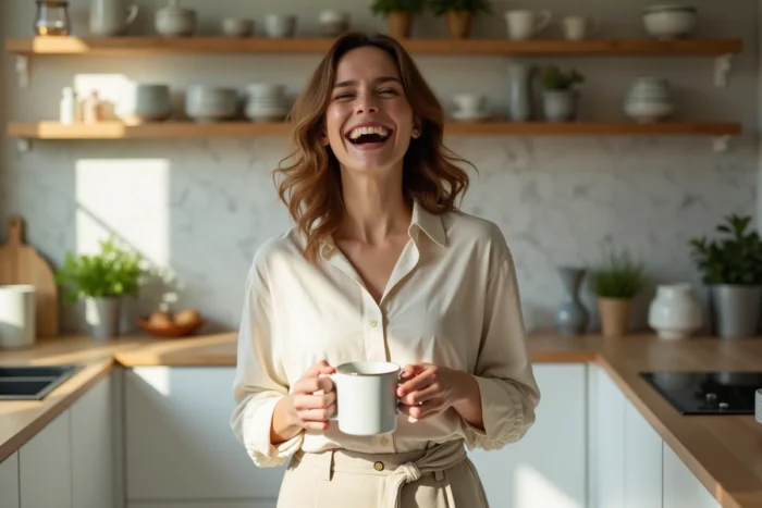 Femme souriante dans une cuisine moderne tenant une tasse en céramique, ambiance vie privée et intimité domestique