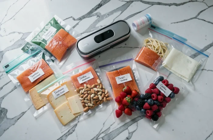 Présentation de plusieurs aliments sous vide avec la Magic Vac Maxima 2 sur un plan de travail en marbre
