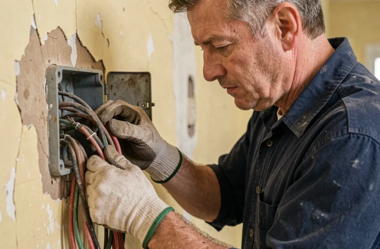 Électricien examinant un ancien boîtier de jonction avec des fils électriques colorés selon l'ancien code couleur