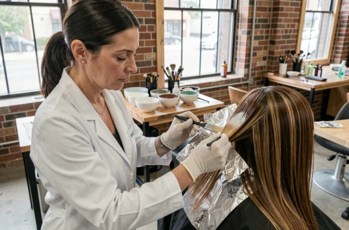 Coloriste professionnelle appliquant un balayage blond sur cheveux châtain avec des feuilles d'aluminium dans un studio de coiffure