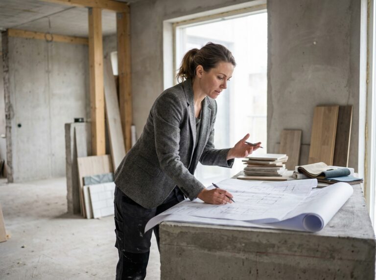 Architecte d'intérieur femme analysant des plans sur un chantier en rénovation avec des échantillons de matériaux