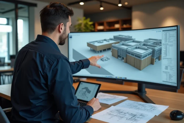 Architecte analysant un modèle BIM 3D sur un écran d'ordinateur dans un bureau moderne en 2026