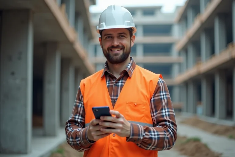 Artisan du bâtiment consultant l'application Batiav sur son smartphone sur un chantier de construction