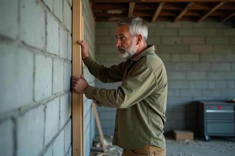 Artisan fixant un chevron en bois sur un mur en parpaing dans une pièce non finie