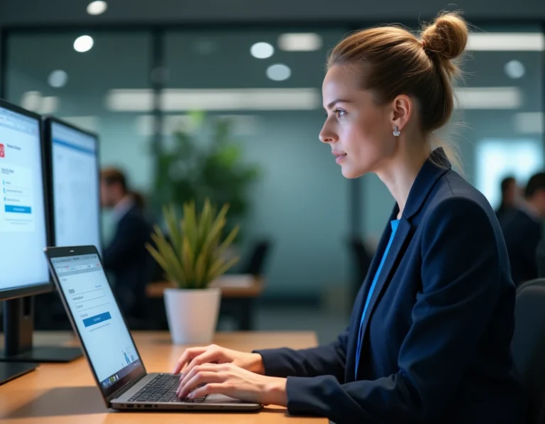 Femme administratrice se connectant à un portail d'authentification sécurisé sur ordinateur portable dans un bureau institutionnel