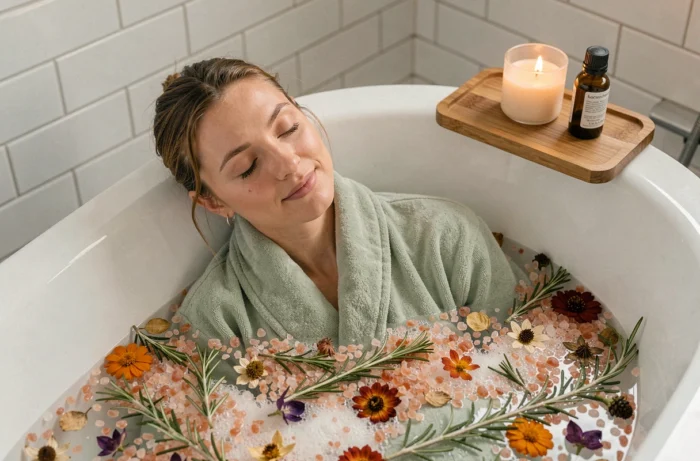 Femme se baignant dans un bain rituel de nettoyage énergétique aux fleurs séchées et sel de l'Himalaya dans une salle de bain épurée