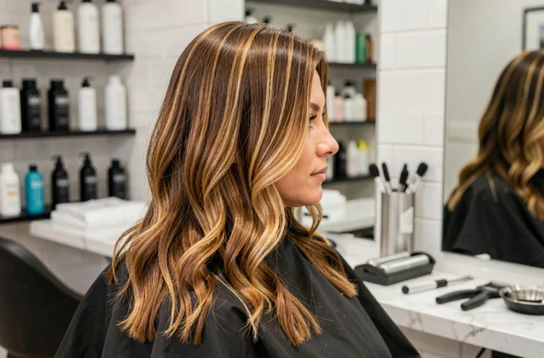 Femme aux cheveux châtain avec un balayage blond foncé réussi assise dans un salon de coiffure professionnel