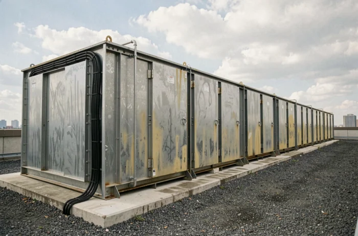 Rangée de batteries de stockage industrielles installées sur un site commercial en milieu urbain