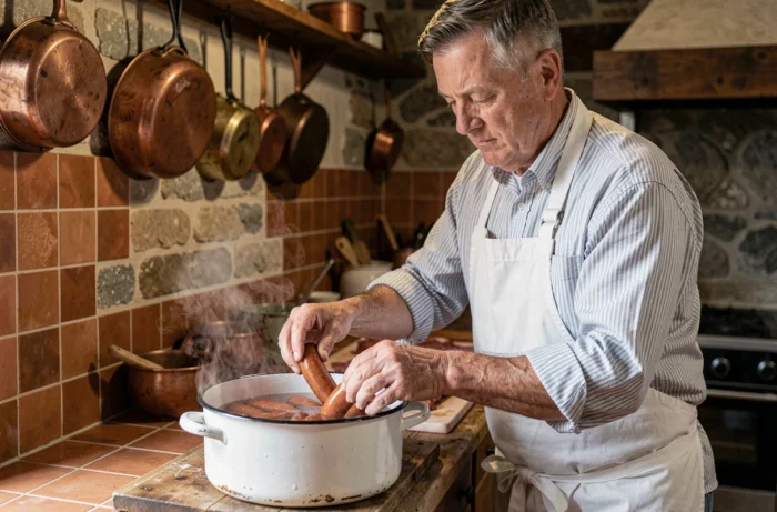 Boucher allemand âgé préparant des saucisses de Francfort dans une cuisine traditionnelle du XIXe siècle