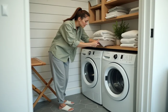 Femme rangeant du linge dans une buanderie bien équipée avec lave-linge et sèche-linge encastrés