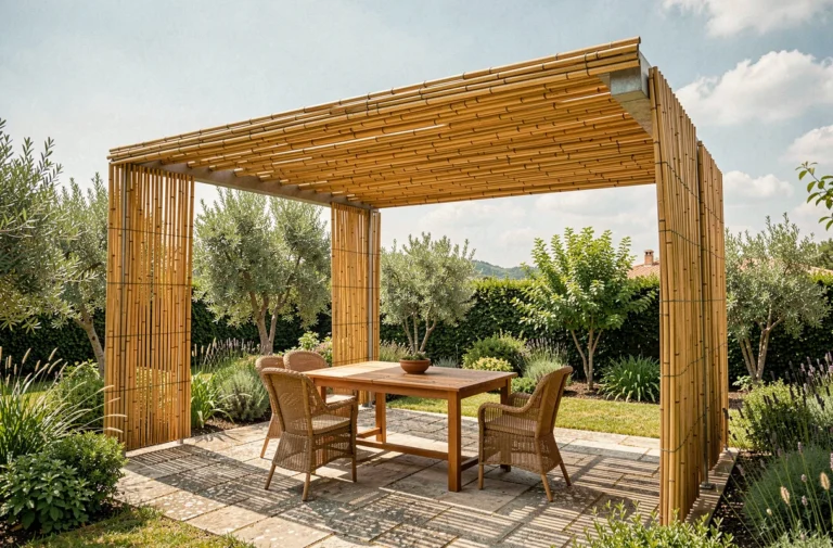 Pergola de jardin recouverte d'une canisse en bambou naturel avec table et chaises en rotin en dessous