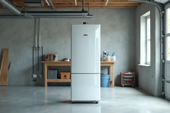 Chauffe-eau thermodynamique installé dans un garage spacieux avec contraintes d'espace respectées