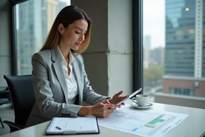 Cheffe d'entreprise du bâtiment utilisant une application mobile pour trouver des chantiers rentables depuis son bureau