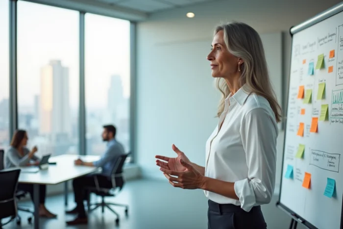 Femme cheffe d'entreprise présentant une stratégie devant un tableau blanc lors d'une réunion professionnelle