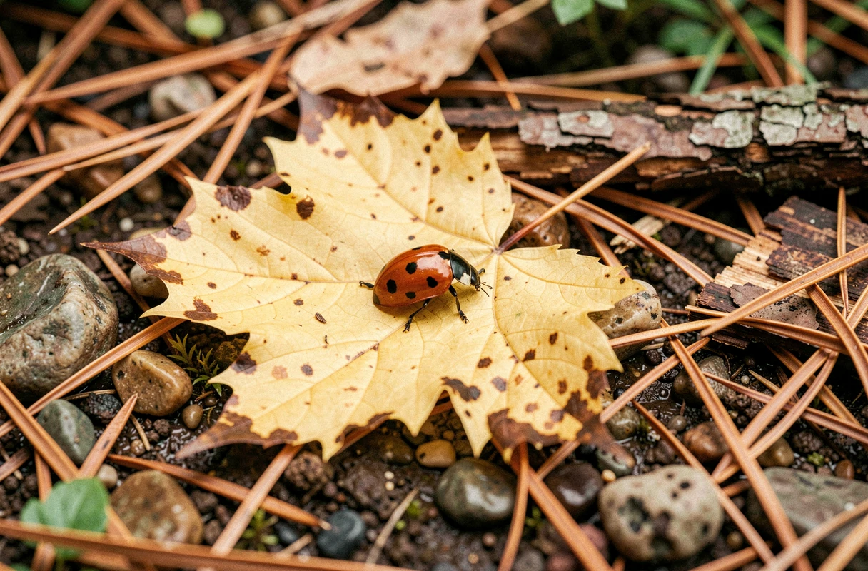 Coccinelle asiatique sur une feuille d'érable jaunissante tombée sur le sol forestier en automne