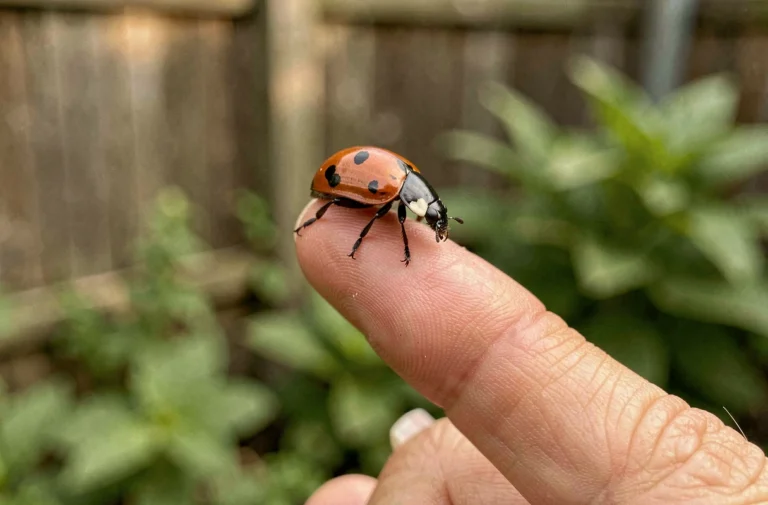 Coccinelle asiatique Harmonia axyridis posée sur un doigt de femme dans un jardin, vue macro détaillée
