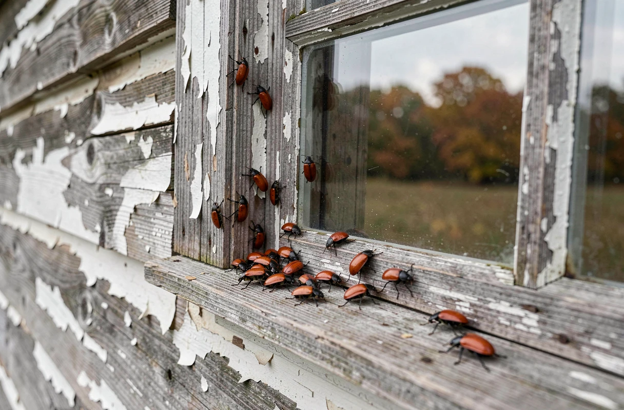 Groupe de coccinelles asiatiques regroupées sur un vieux cadre de fenêtre en bois d'une ferme en automne