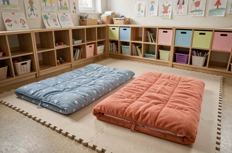 Coin sieste de maternelle avec deux sacs de couchage dépliés sur des tapis en mousse dans une salle de classe colorée