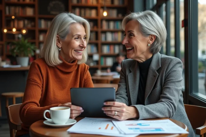 Deux femmes entrepreneures échangeant des idées et collaborant autour d'un café en ville