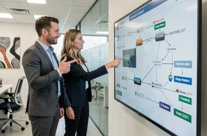 Deux collègues analysant un diagramme blockchain Robthecoins sur un écran tactile dans un bureau moderne