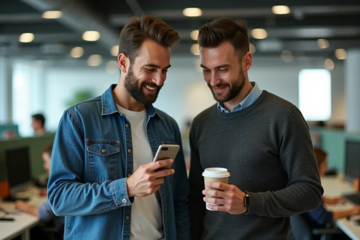 Deux collègues masculins discutant d'un outil de messagerie d'équipe sur smartphone dans un espace de coworking