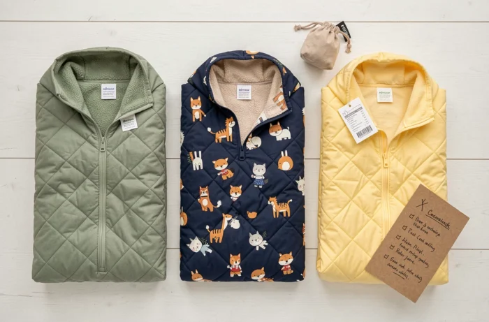 Comparaison de trois sacs de couchage pour enfants en maternelle disposés en flat lay avec accessoires de sieste