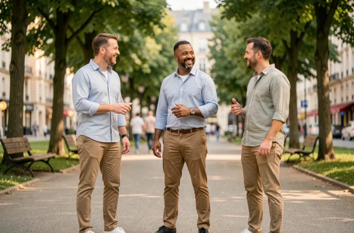 Trois hommes adultes de tailles différentes côte à côte dans un parc urbain, illustrant la variabilité de la taille masculine