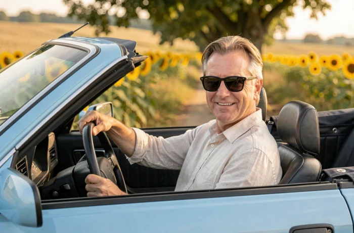 Homme souriant au volant d'une Peugeot 305 cabriolet bleue décapotée dans la campagne française avec champs de tournesols