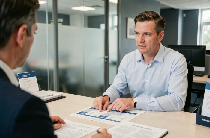 Conseiller bancaire présentant une comparaison de taux de crédit immobilier à un client dans une agence moderne