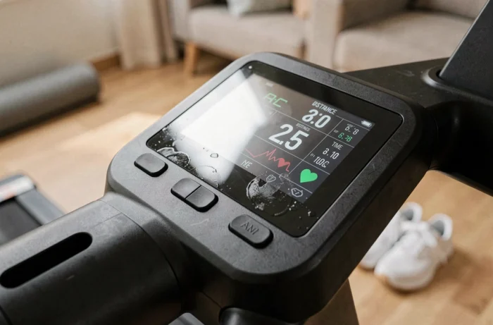 Gros plan sur l'écran et la console du tapis de course Sportstech F37 avec affichage des métriques