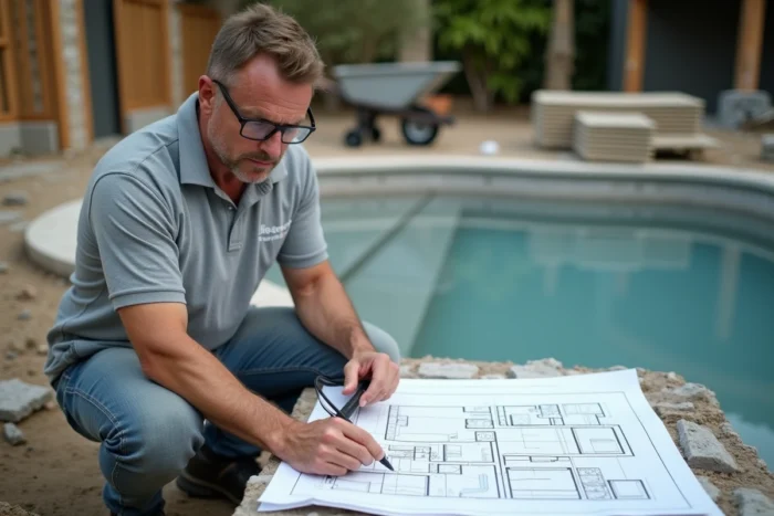 Professionnel de la construction de piscine examinant des plans architecturaux sur un chantier de pose de piscine enterrée en béton