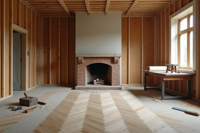 Intérieur en construction d'une maison des années 1920 avec colombages en bois, lattis en plâtre et parquet en chêne non terminé