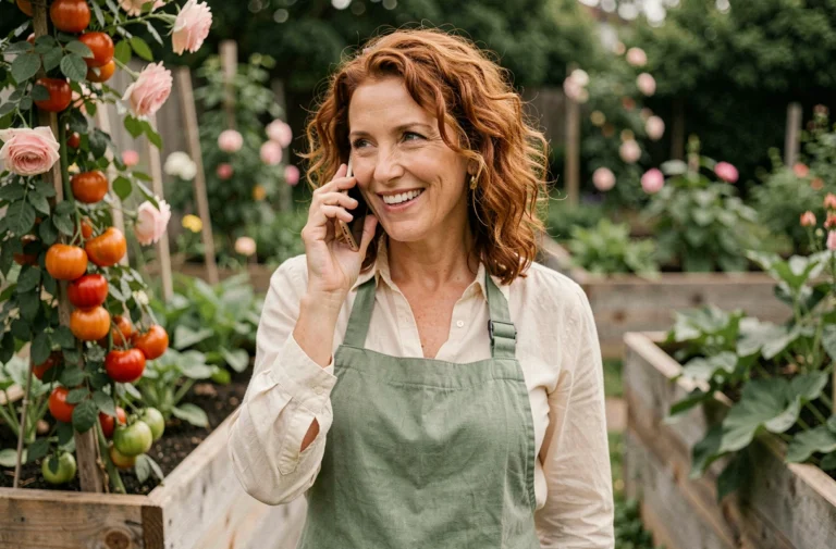 Femme jardinière souriante passant un appel téléphonique dans son jardin potager entouré de plantes grimpantes