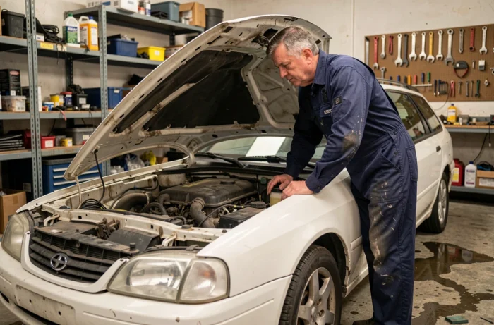 Mécanicien expert contrôlant le moteur d'une voiture d'occasion dans un garage avant achat