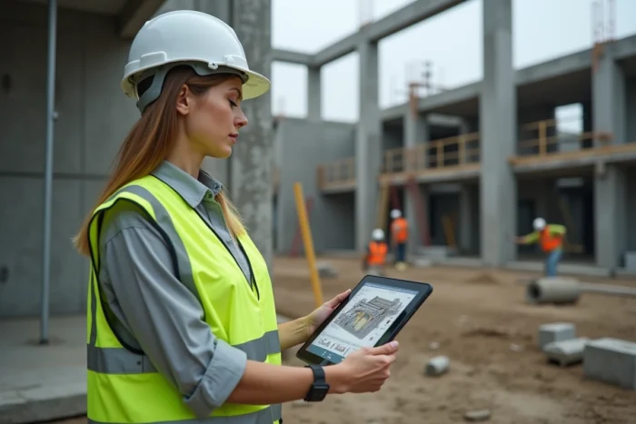Coordinatrice BIM consultant une application VUP sur tablette sur un chantier de construction