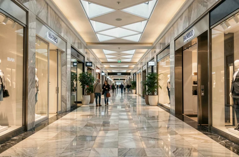 Couloir intérieur du centre commercial Montparnasse avec boutiques et sols en marbre poli