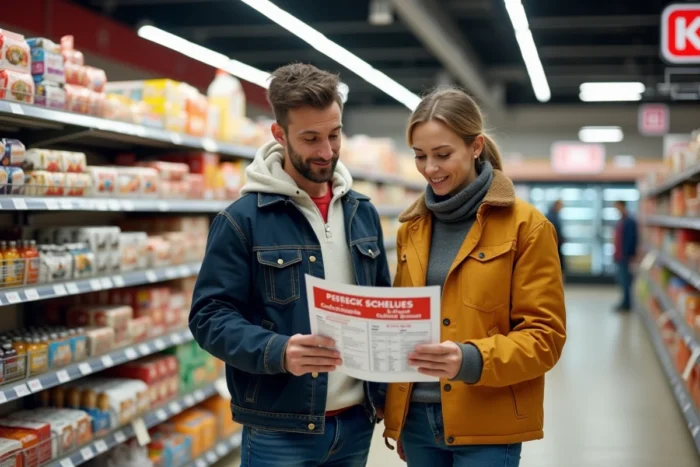 Couple en train de consulter un dépliant sur le calendrier du chèque différé Leclerc en rayon