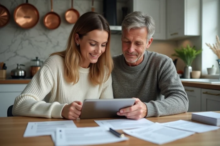 Couple examinant des options de crédit sur une tablette dans une cuisine moderne