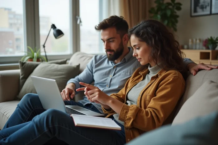Couple comparant des solutions de crédit en ligne depuis leur salon