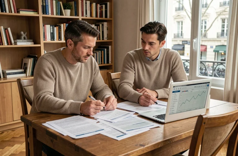 Couple examinant des documents de prêt immobilier autour d'une table avec un ordinateur portable affichant des graphiques financiers