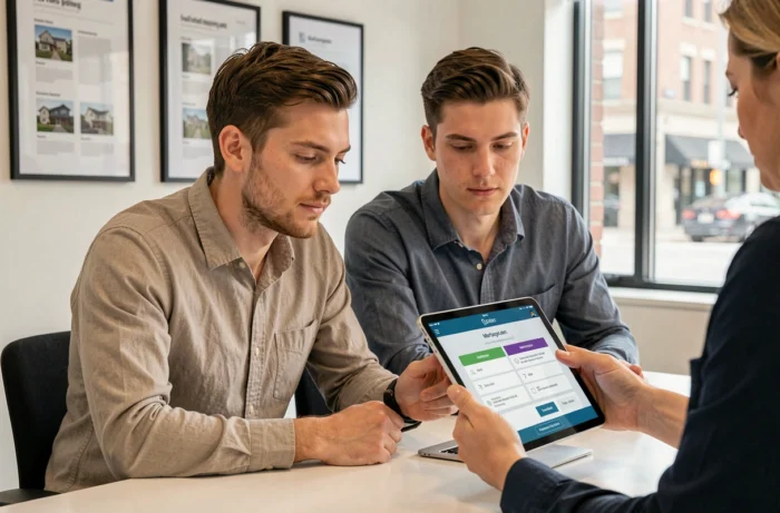 Un jeune couple discute d'un prêt immobilier avec un agent dans une agence, consultant les options de financement sur une tablette