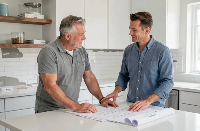 Couple planifiant la rénovation de leur cuisine moderne avec des plans de travaux