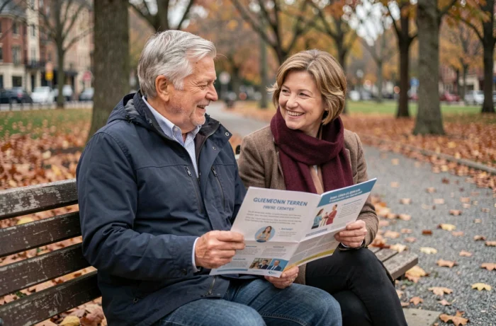 Couple de retraités discutant de leur mutuelle santé dans un parc en automne
