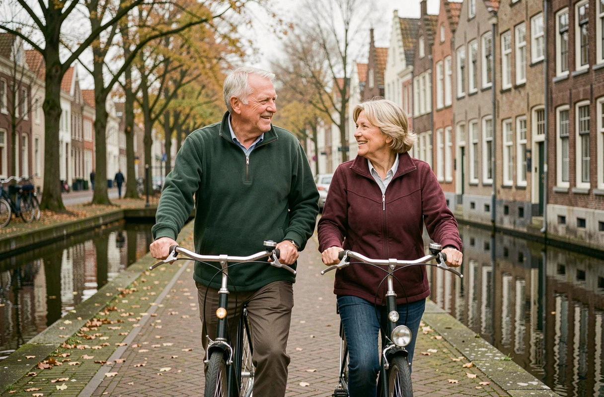Couple de retraités belges se promenant en vélo le long d'un canal à Bruges en automne, symbole d'une retraite active et sereine
