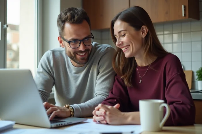 Couple consultant une simulation de prêt immobilier modulable sur ordinateur à domicile
