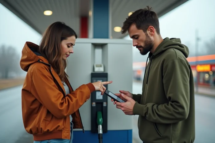 Couple à la station-service consultant l'outil Mappy Itinéraire sur smartphone pour estimer le coût réel de leur trajet