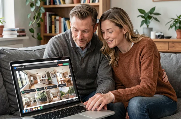 Couple consultant une application de visite immobilière virtuelle sur ordinateur portable depuis leur salon