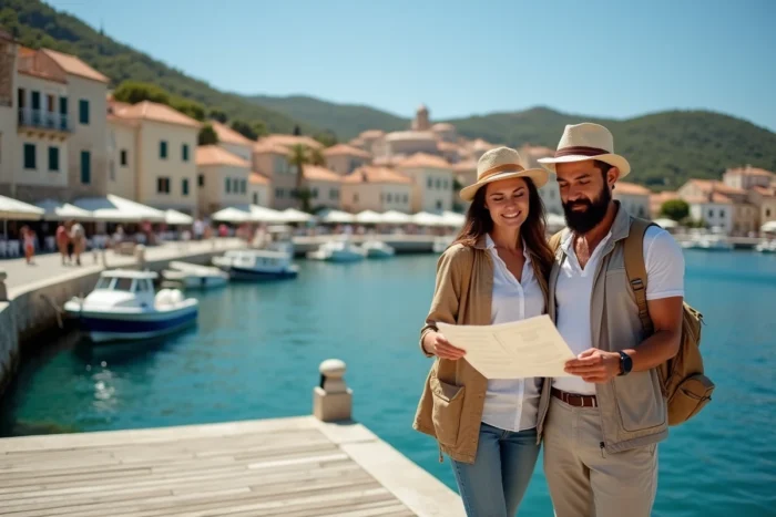Couple consultant un itinéraire personnalisé devant un port méditerranéen lors d'un voyage sur mesure